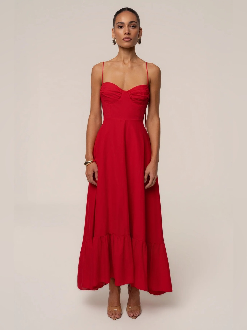 NWT RED ROMANTIC FLOW MAXI DRESS JLUX LABEL UNDERWIRE BUSTIER 100% COTTON TIERED